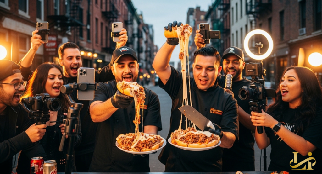 Chefs hold dripping cheesesteaks while a crowd films with phones, cameras, and a ring light on a city street. Melted cheese stretches dramatically as creators capture the viral food moment.