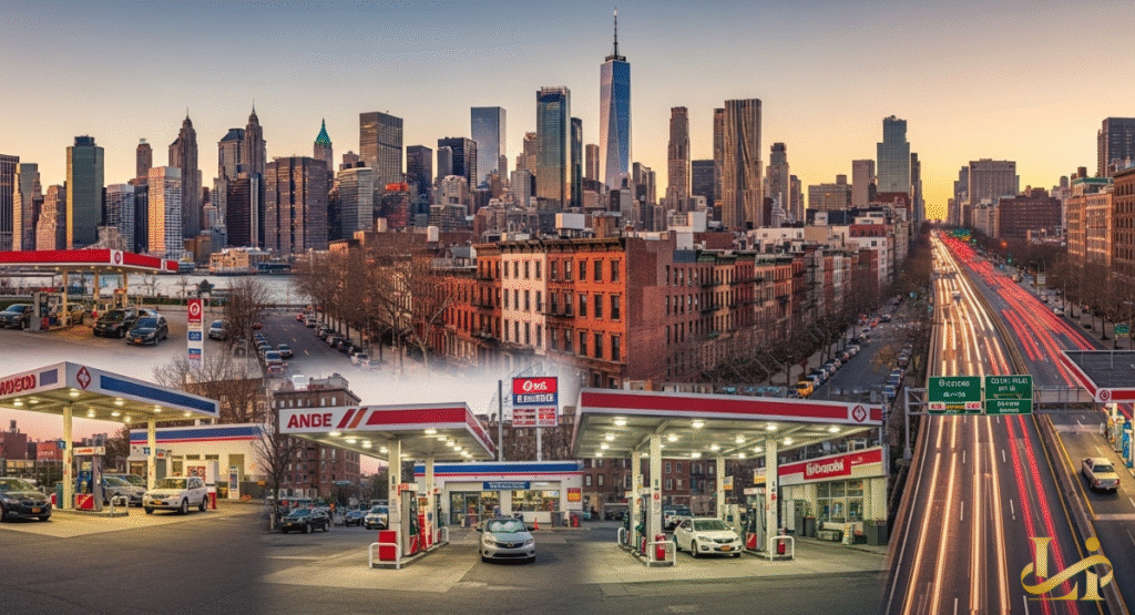 A collage showcasing multiple fuel stations in various major areas of New York City. The composite image also features the iconic city skyline and busy urban highways at different times of day.