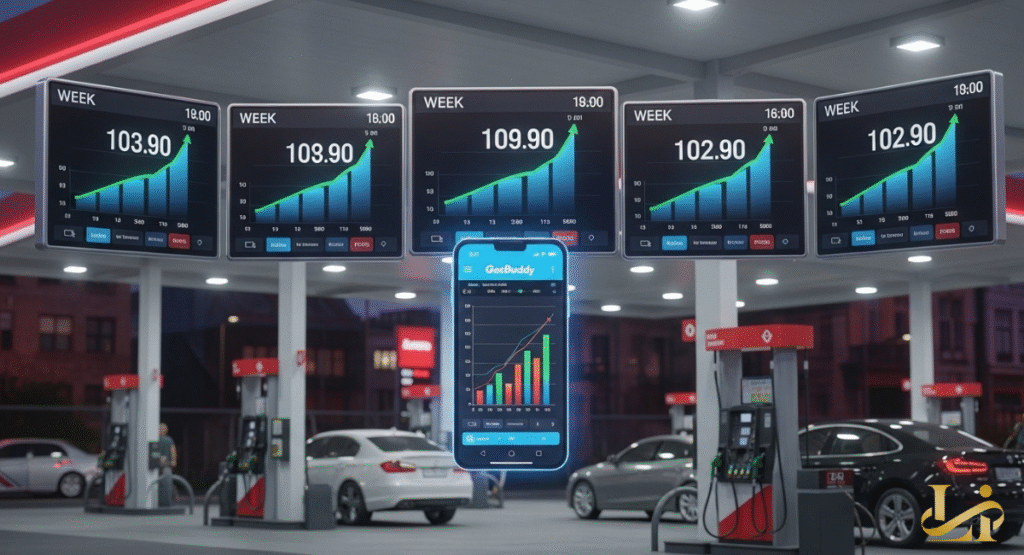 A modern gas station with five large screens displaying rising gas price charts and graphs. A smartphone with the GasBuddy app shows a central graph of increasing fuel costs.