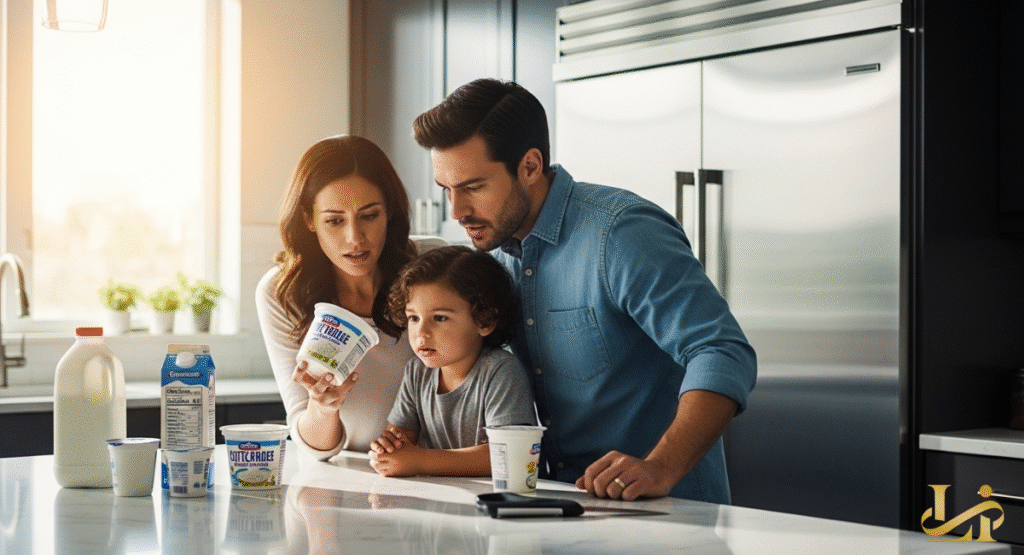 A worried family, including a mother, father, and young child, scrutinizes the label of a cottage cheese container. Various dairy products and milk cartons are spread across a kitchen counter, highlighting food safety concerns.