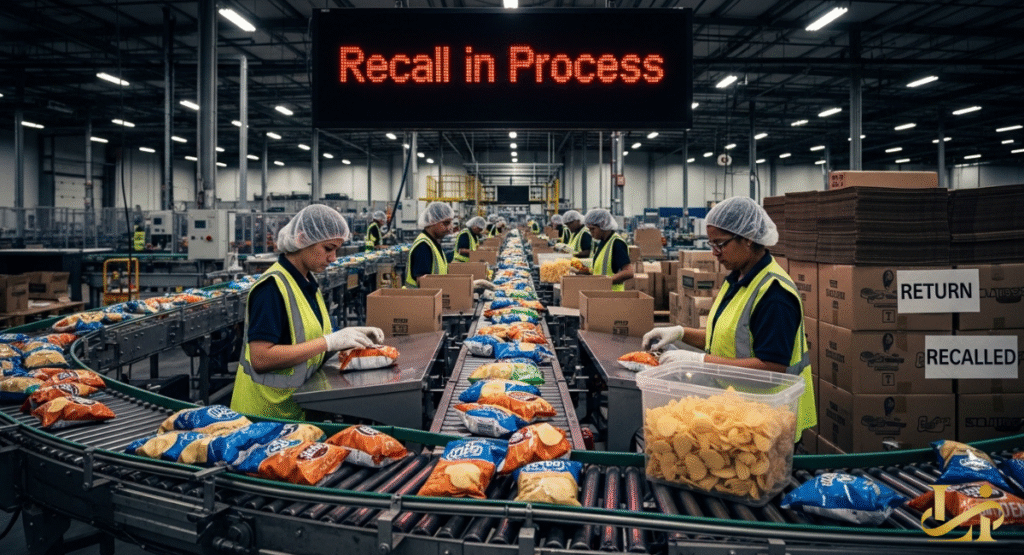 Workers on a factory floor sort packaged potato chips, with a prominent "Recall in Process" sign above. Bags are routed to boxes marked "RETURN" and "RECALLED," illustrating a product retrieval operation.