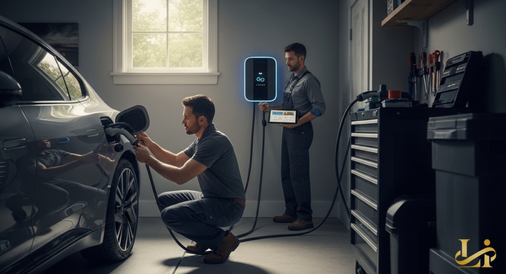 Two technicians install a home EV charging unit and connect it to an electric car in a modern garage. One technician plugs in the vehicle, while the other configures the wall-mounted charger with a tablet.