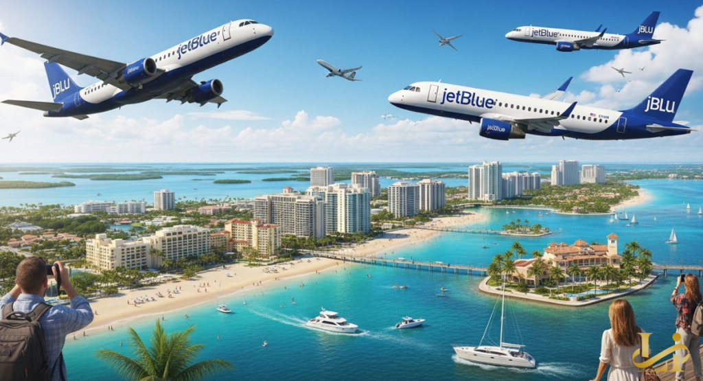 hree commercial jets in blue-and-white livery fly above a bright beachfront skyline and turquoise water. Tourists on a viewpoint take photos as boats cruise near palm-lined shores and high-rise hotels.