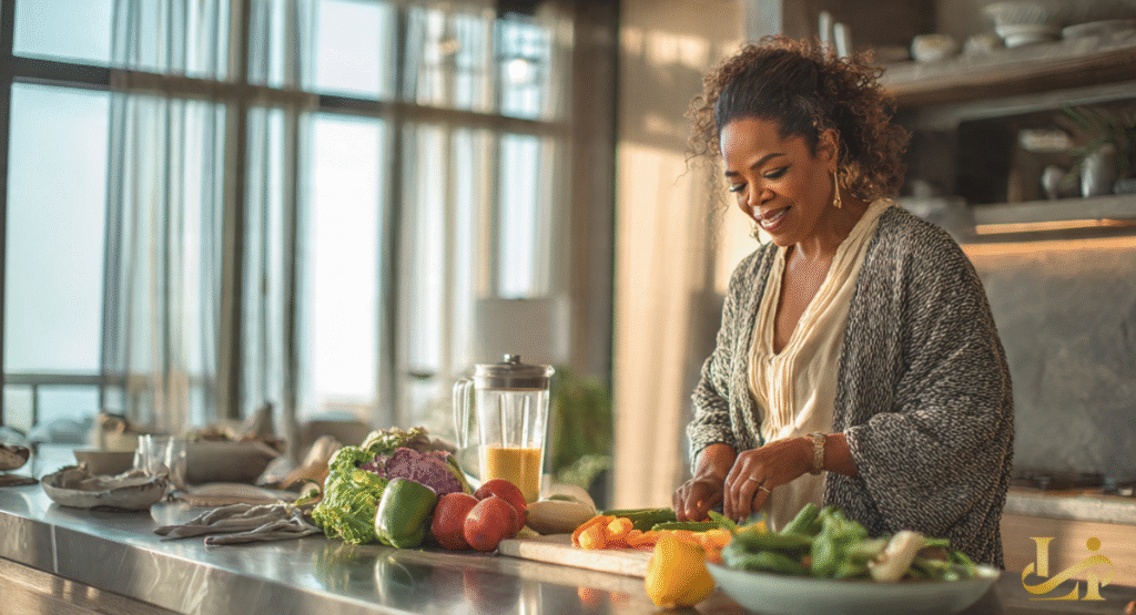 A woman happily chops fresh vegetables on a wooden cutting board in a brightly lit, modern kitchen. A blender and an array of colorful produce indicate a focus on healthy diet and lifestyle changes.