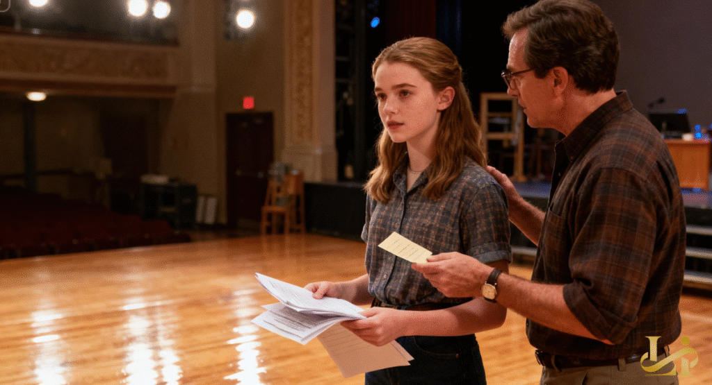 A young girl with long, light brown hair holds scripts while an older man gently guides her on a stage. They stand on a wooden stage in a theater, suggesting a rehearsal or acting lesson.