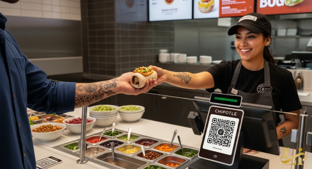 A smiling Chipotle BOGO Tattoo worker hands a burrito to a tattooed customer across the counter. A QR code payment display is visible near the register.