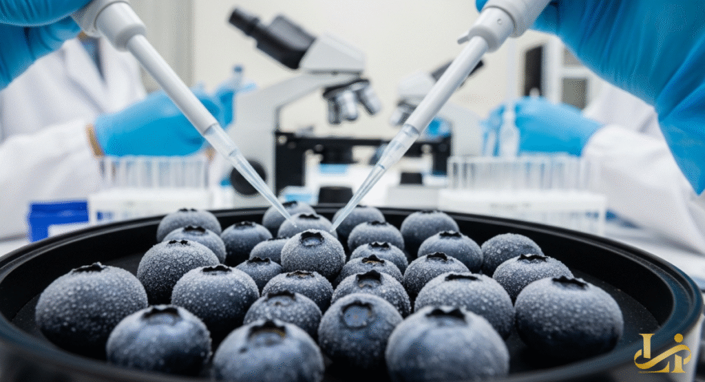 Two scientists in blue gloves and lab coats meticulously test frozen blueberries with pipettes. Microscopes and other laboratory equipment are visible in the background, indicating sterile testing.