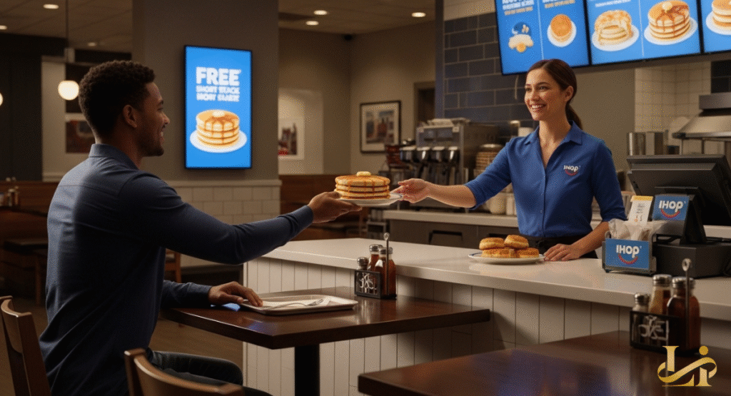 A man smiles as an waitress hands him a plate with a stack of pancakes. Digital signs in the background advertise "FREE SHORT STACK" and promote the special offer.