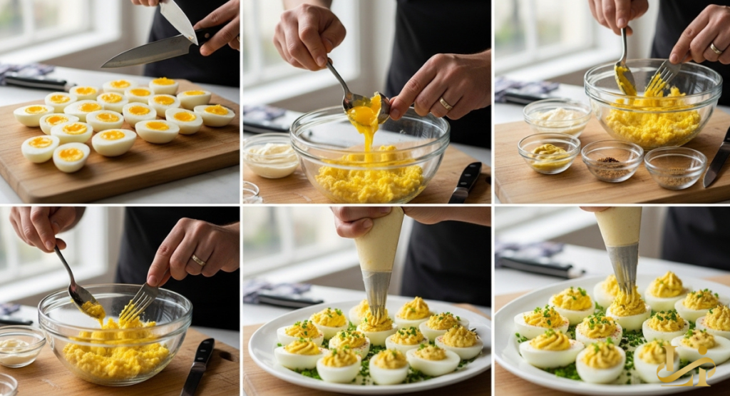 Six-step photo collage demonstrating a deviled eggs recipe from halving boiled eggs to mixing yolks and piping the filling.