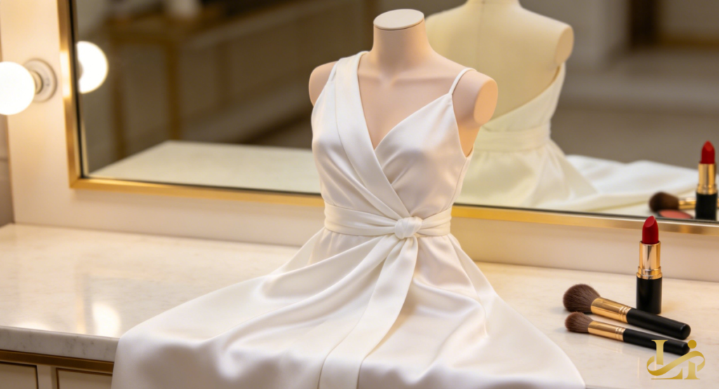 A white wrap dress is displayed on a dress form atop a lighted vanity. Red lipsticks and makeup brushes sit nearby with a mirror reflecting the setup.