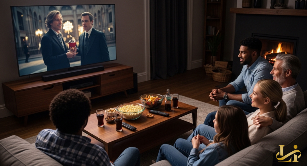 Five people sit in a cozy living room watching a movie scene on a large TV.