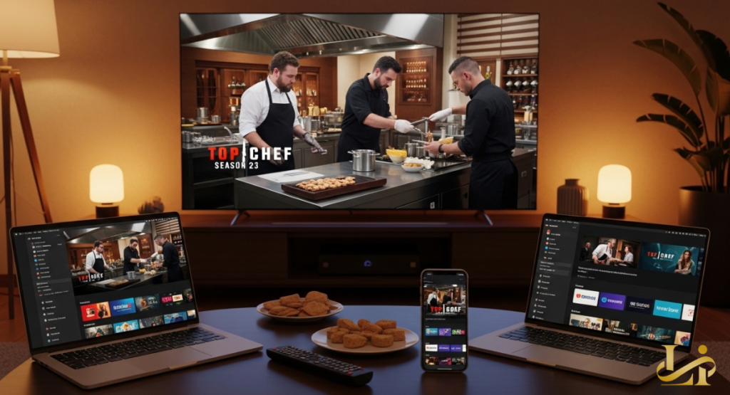 A living room setup shows Top Chef Season 23 on a TV with chefs plating food, keyword Chef Season 23 included.