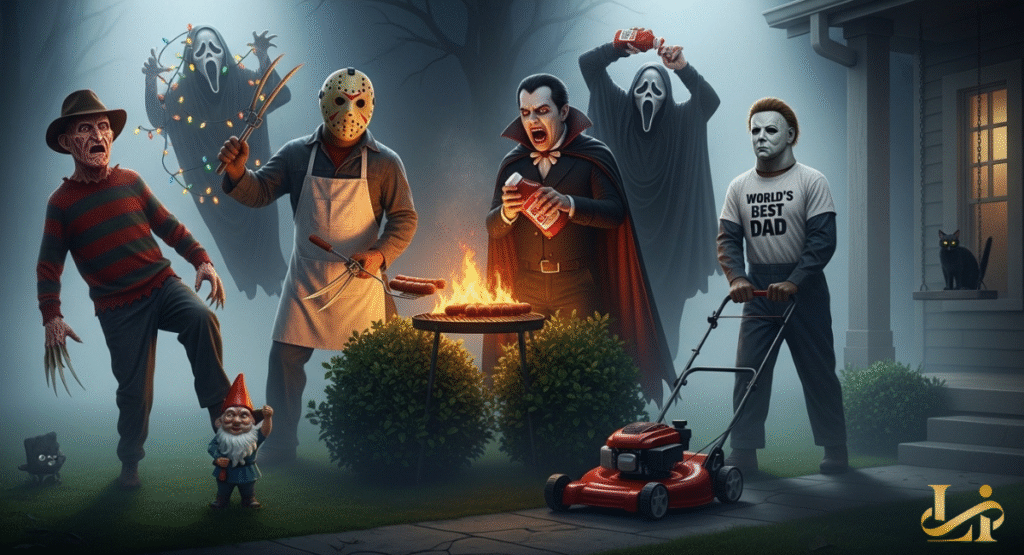 Classic horror villains like Freddy Krueger, Jason Voorhees, Dracula, and Michael Myers parody a backyard BBQ. Ghostface, in two variations, appears alongside, one holding ketchup and another Christmas lights.