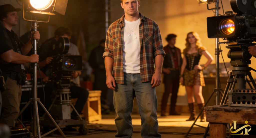 Nicholas Brendon in a plaid shirt and white tee stands under bright studio lights. Vintage film cameras and crew surround the set, evoking a ’90s television production.