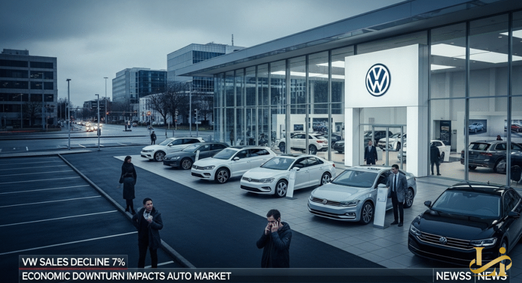 A Volkswagen dealership exterior with a line of cars and a digital news ticker at the bottom. The ticker displays "VW SALES DECLINE 7%" and "ECONOMIC DOWNTURN IMPACTS AUTO MARKET."