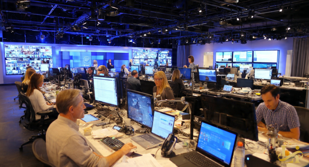 A busy, open-plan newsroom filled with journalists and editors working at their desks, surrounded by monitors displaying news feeds and data. The scene highlights the constant activity and impact on CBS News staff and operations.
