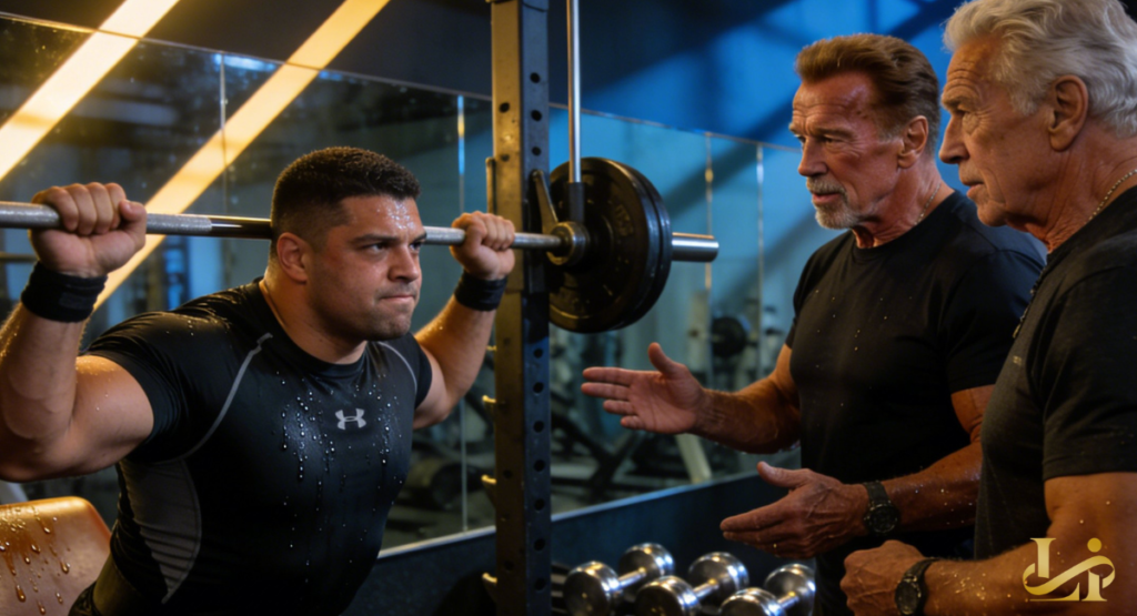 A lifter squats a barbell while two older men coach him closely. Sweat glistens under gym lights and mirrored walls.