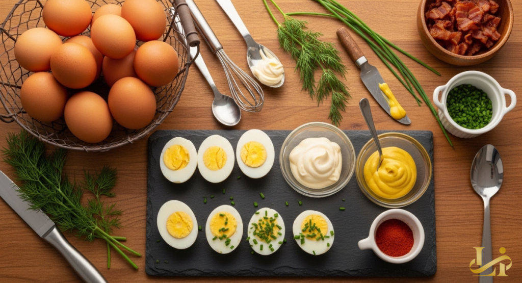 Flat lay of brown eggs, halved boiled eggs, mayo, mustard, paprika, chives, dill, and bacon bits on a wooden table.
