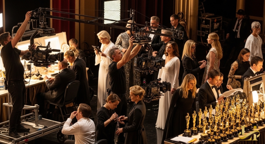 Crew members operate cameras on cranes while nominees prepare near makeup stations.