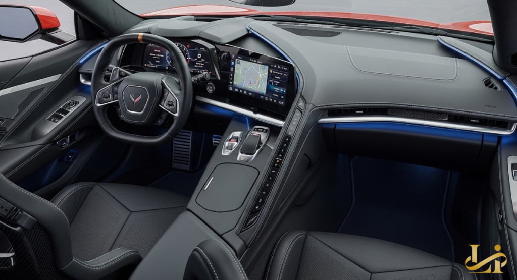 Driver-focused cockpit with digital instrument cluster, center touchscreen, and blue ambient lighting. Leather seats, flat-bottom steering wheel, and console-mounted controls frame the view.