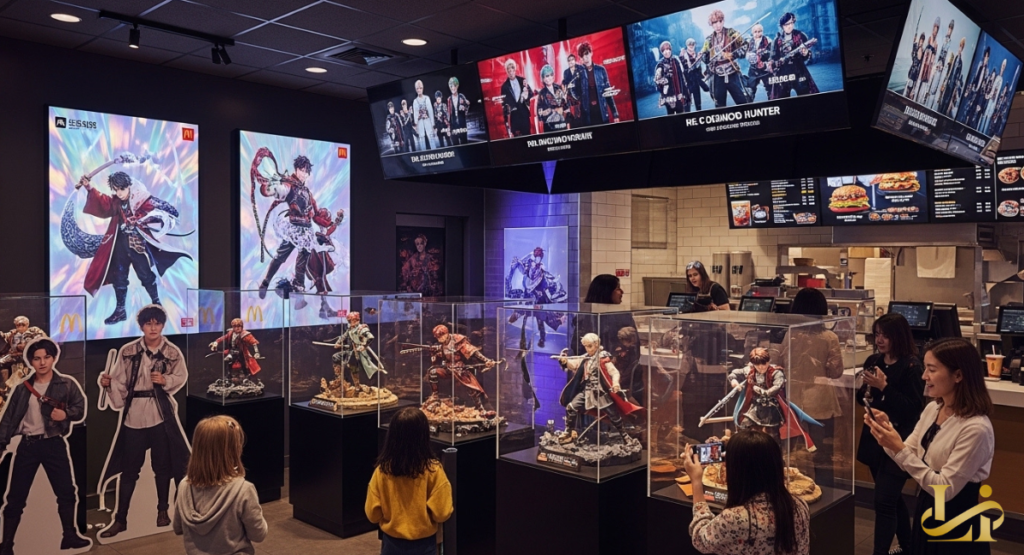 Visitors photograph display cases of detailed hunter statues inside a themed restaurant. Large wall screens and posters showcase costumed performers above the counter.