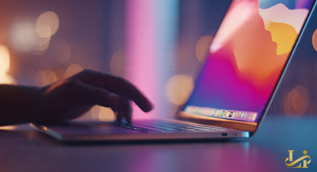 A person's hands typing on a laptop keyboard, illuminated by ambient neon lighting in a dark room. This introduces the sleek design and user experience of a new MacBook model.