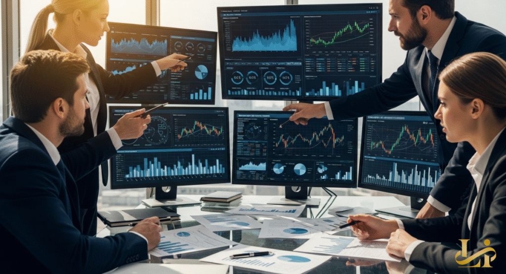 Four business professionals intently analyze multiple computer screens displaying complex financial dashboards. They are pointing at various charts and graphs related to investment, data analytics, and market trends.