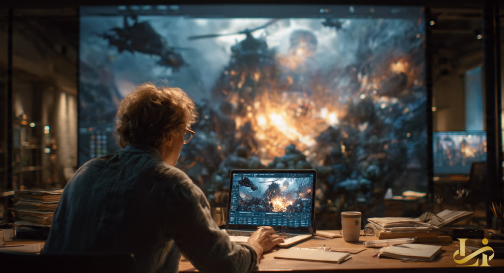 A filmmaker edits a large explosion scene on a laptop while a bigger screen shows the same sequence. Scripts, coffee, and notes clutter the dim workspace.