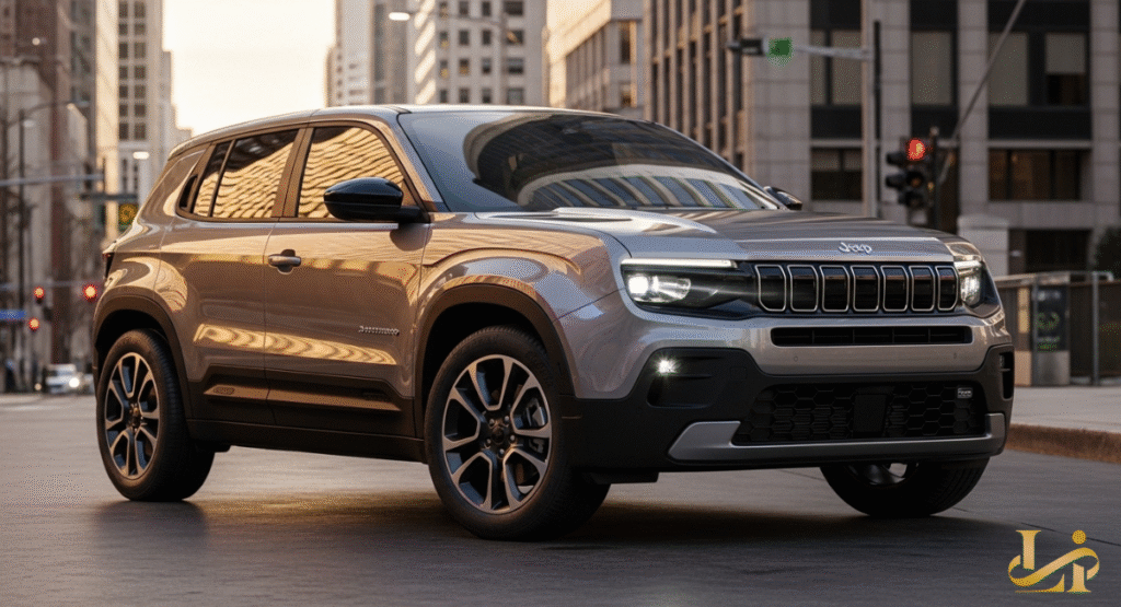 A new compact SUV in a light metallic gray color, parked at a city intersection with buildings in the background. The vehicle showcases modern styling with distinct LED headlights and a solid front grille.