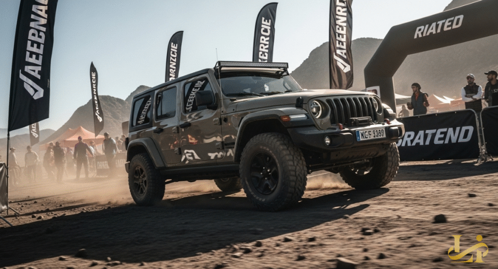 An olive-green off-road vehicle kicks up dust on a rugged dirt track at an outdoor event. Spectators and brand banners are visible in the background, suggesting a motorsport or adventure rally.