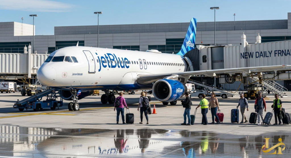 A white and blue narrow-body jet sits at the gate with passengers walking across the wet tarmac toward the stairs.