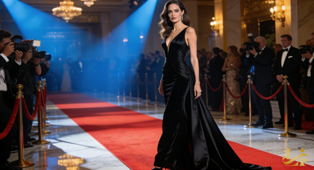 Angelina Jolie in a black satin gown with a deep neckline poses on a red carpet. Blue spotlights and chandeliers illuminate a grand ballroom filled with photographers.