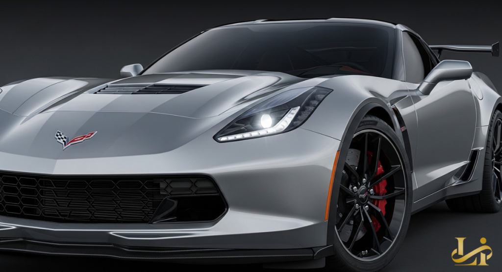 Silver sports coupe in a studio with a large rear wing, red brake calipers, and LED headlights. Front three-quarter view highlights the mesh grille and vented hood.