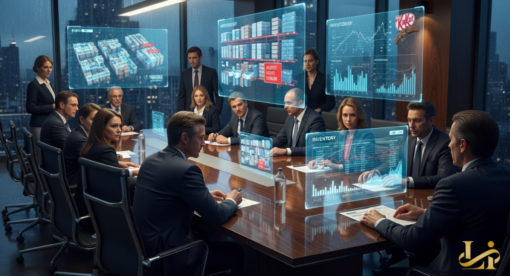 Executives gather around a glossy boardroom table reviewing holographic inventory screens, as city lights glimmer through floor-to-ceiling windows behind them.