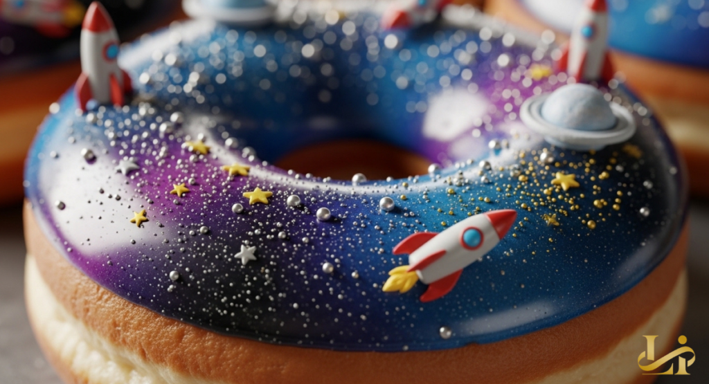 Close-up of a Krispy Kreme space-themed doughnut with galaxy icing, stars, rockets, and a planet decoration.