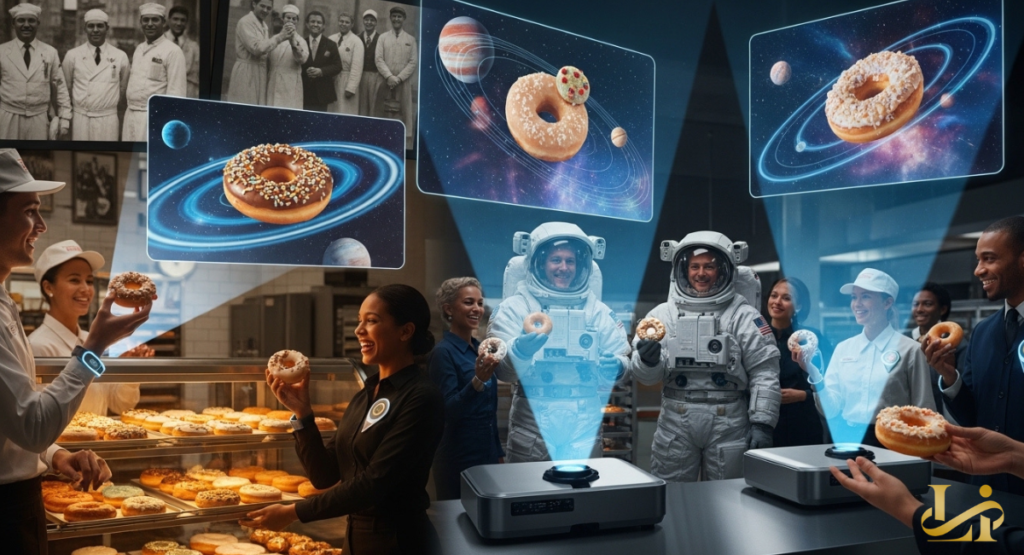 Krispy Kreme’s history with space-themed launches continues. Krispy Kreme staff and astronauts holding doughnuts in front of holographic space-themed doughnut displays and historical bakery photos.