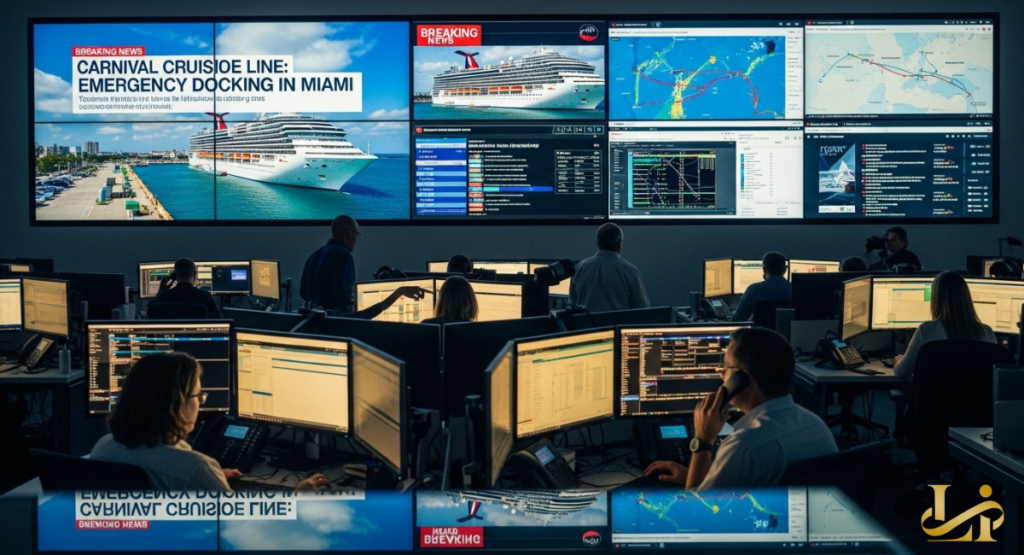 A control room with staff at monitors watches large screens showing breaking news graphics about an emergency docking in Miami.