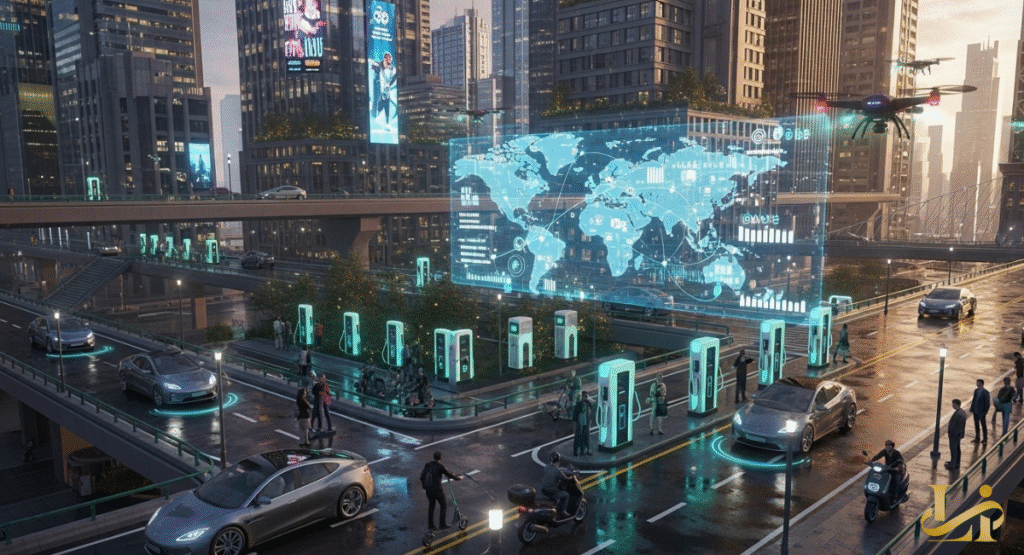 A futuristic city street with electric vehicles charging at numerous stations, bustling with pedestrians. A large holographic world map with data overlays projects above the street, showing global EV adoption trends.