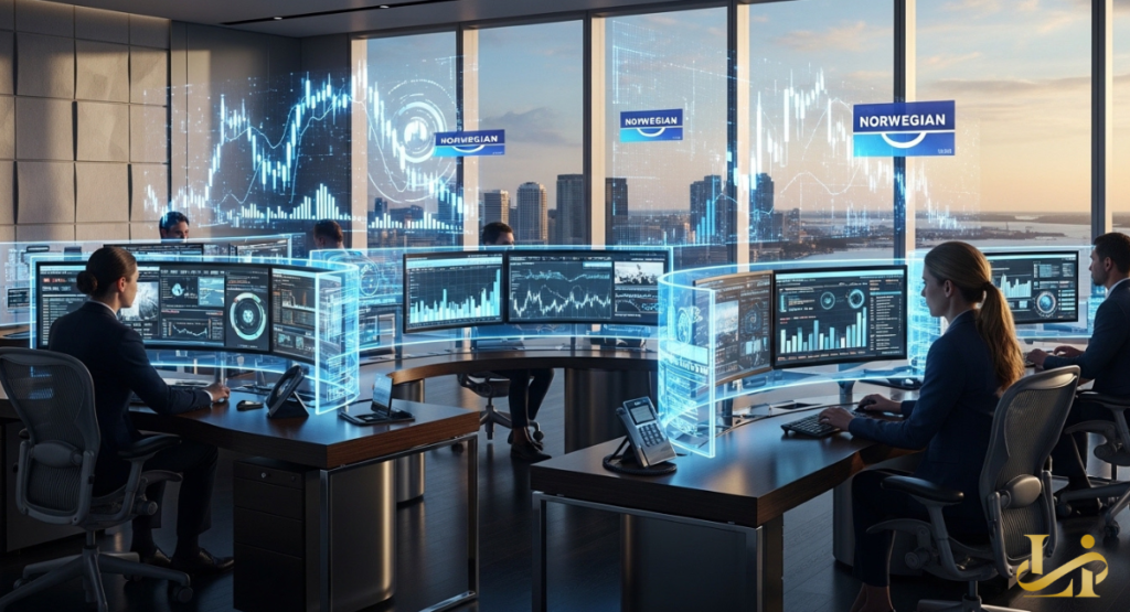 nalysts monitor holographic charts and financial dashboards in a high-rise trading room. City skyline and Norwegian branding glow on curved screens at sunset.