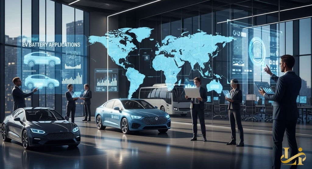 Professionals in a modern office presenting holographic world map and EV battery applications for cars, SUVs, and commercial vehicles.