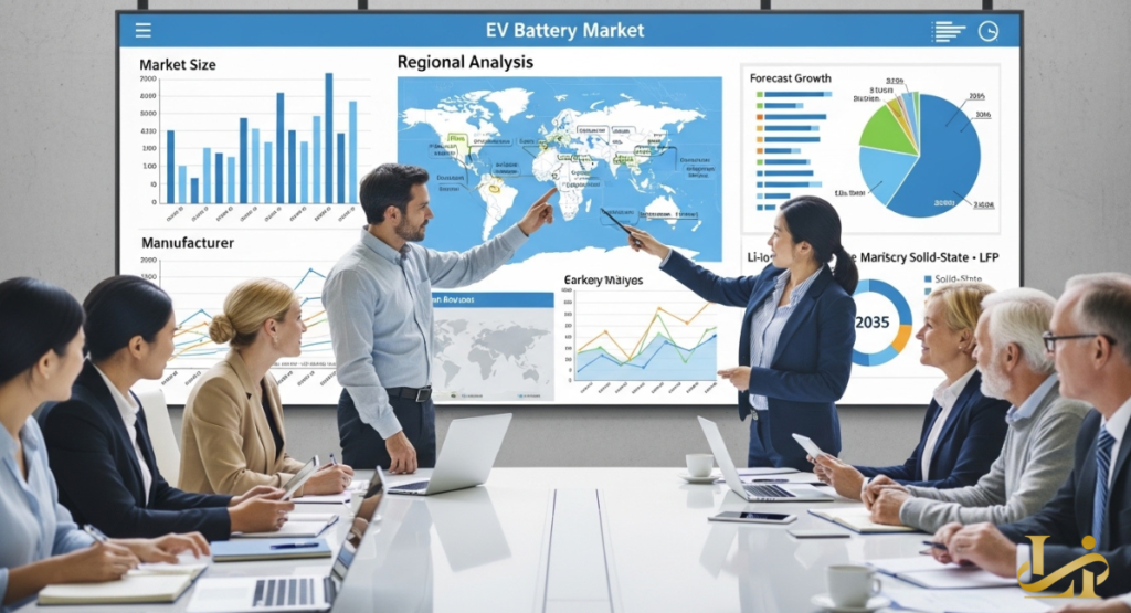 Business team presenting EV battery market size, regional analysis, and growth forecasts in a conference room.