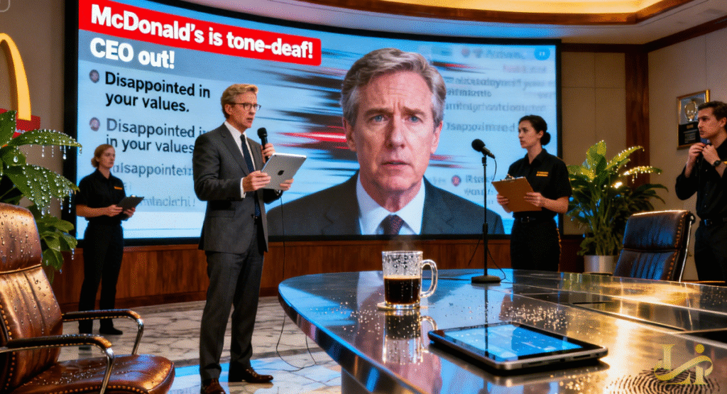 A man in a suit speaks from a podium, with a large screen behind him displaying a McDonald's CEO. The screen shows critical messages like "McDonald's is tone-deaf!" and "CEO out!", indicating public backlash.