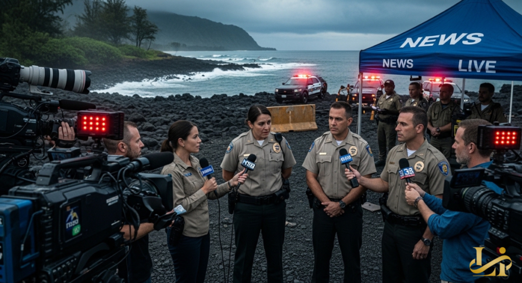Officials give a press briefing under a “NEWS LIVE” tent on a dark, rocky shoreline with cameras rolling. Reporters hold microphones as police vehicles flash behind the speakers at dusk.