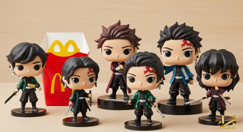 Six stylized vinyl figures with swords stand on black bases in two rows. A red fries container with the golden arches sits behind them on a light wood surface.