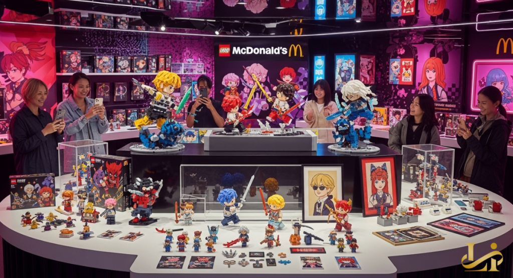 A round table displays colorful brick-built figures, boxed sets, and framed character art under a “LEGO McDonald’s” sign.