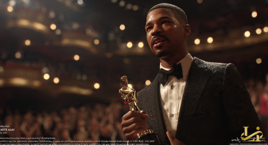 A man in a textured tuxedo jacket and bow tie holds a golden statuette, gazing upward.