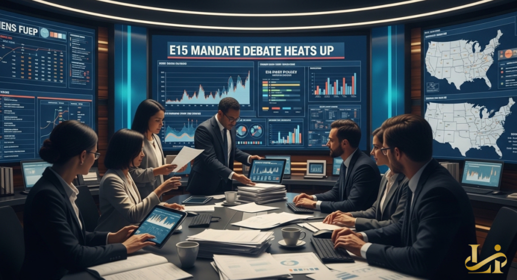 Broadcast newsroom with analysts around a table as large screens read “E15 MANDATE DEBATE HEATS UP” with charts and maps.
