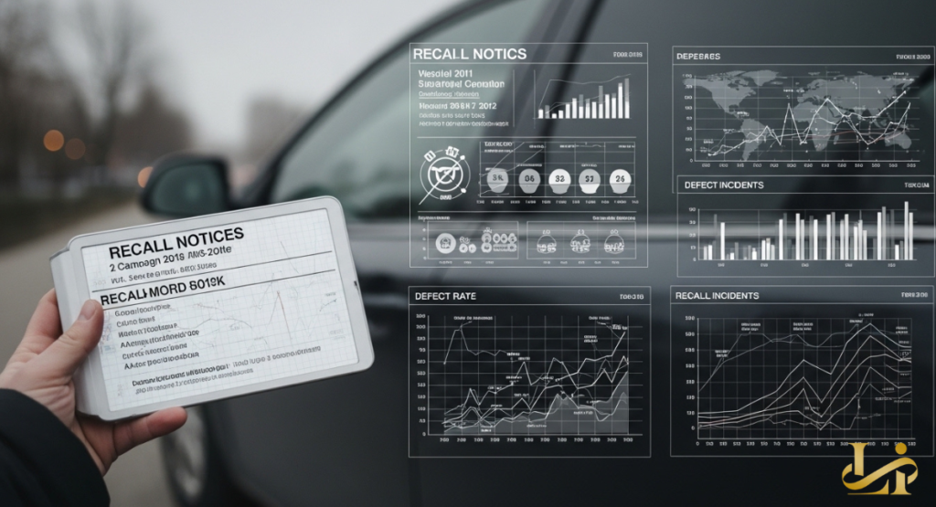 A hand holds a tablet displaying “RECALL NOTICES” beside a car, with overlaid charts and graphs. Digital panels show defect rates and incident trends.