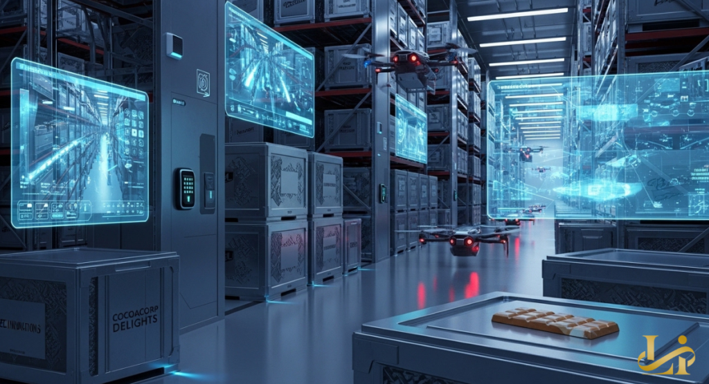 A futuristic warehouse aisle glows with holographic monitors while security drones patrol between tall stacks,