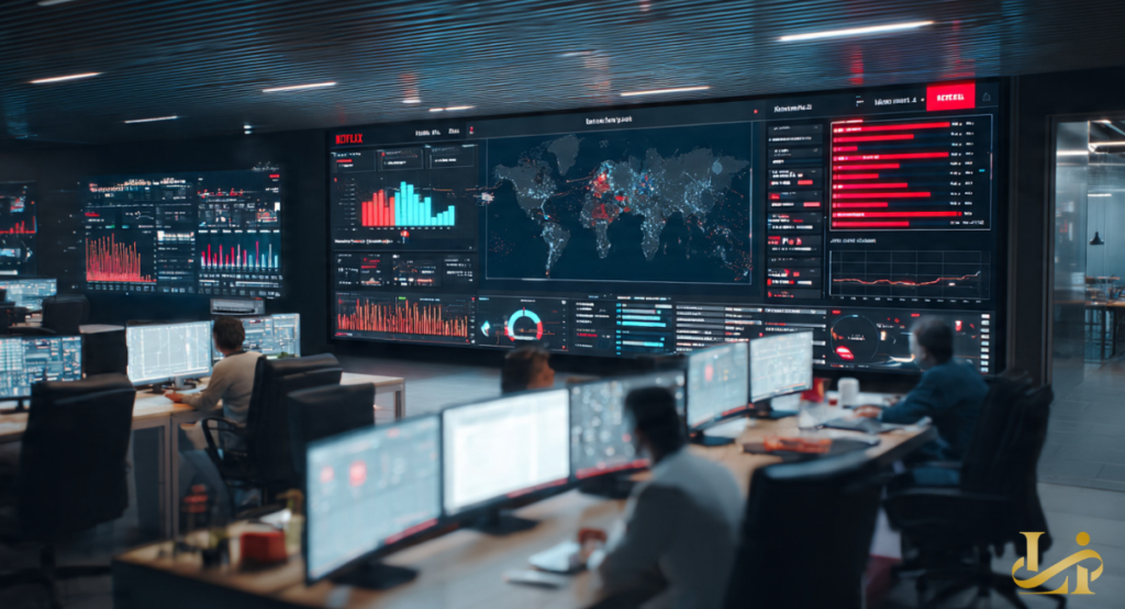 Analysts monitor large dashboards displaying global maps, bar charts, and rankings in a dark room. Red and blue graphics track performance metrics across regions.